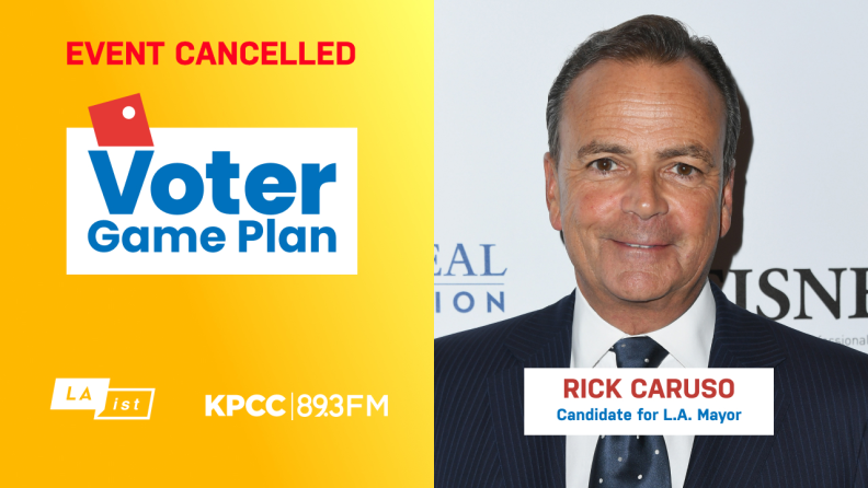 Candidate for LA County Mayor Rick Caruso is pictured smiling. He is wearing a black suit, white button-down shirt, and dark blue tie with small white dots. Graphical text includes Voter Game Plan logo with LAist and KPCC 89.3 FM logos.