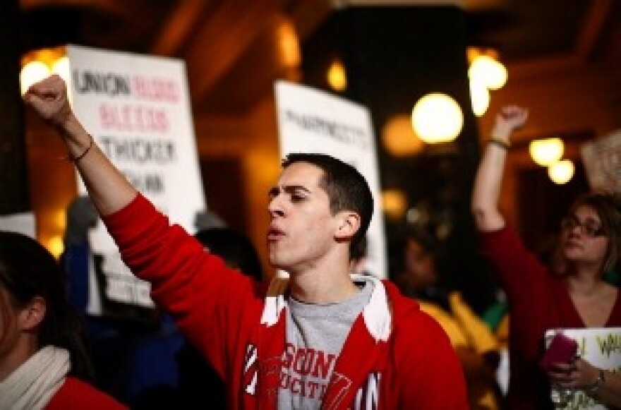 Protesters rally inside the Wisconsin State Capitol February 21, 2011 in Madison, Wisconsin.