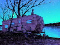 an illustrated poster from the TV show Ozark with a little girl sitting on top of a trailer