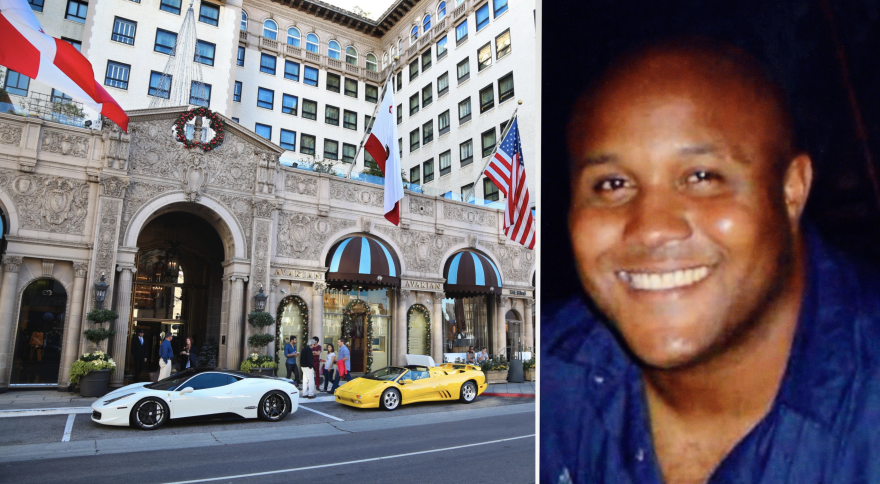 At left the ornate exterior of a hotel has luxury sports cars parked out front. At right, a man with dark-tone skin smiles in a candid photo.