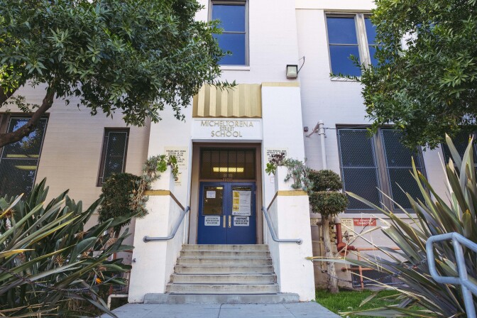This image is of a blue doorway into the Micheltorena Street School in Silver Lake.