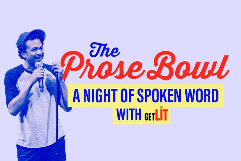 On a periwinkle background depicts a picture of Get Lit host, Mason Granger, a black male in a baseball hat and a baseball t-shirt. The overlaying text reads, "The Prose Bowl A Night of Spoken Word With Get Lit".