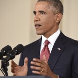 WASHINGTON, DC - SEPTEMBER 10: U.S. President Barack Obama delivers a prime time address from the Cross Hall of the White House on September 10, 2014 in Washington, DC.  Vowing to target the Islamic State with air strikes "wherever they exist", Obama pledged to lead a broad coalition to fight IS and work with "partner forces" on the ground in Syria and Iraq.  (Photo by Saul Loeb-Pool/Getty Images)