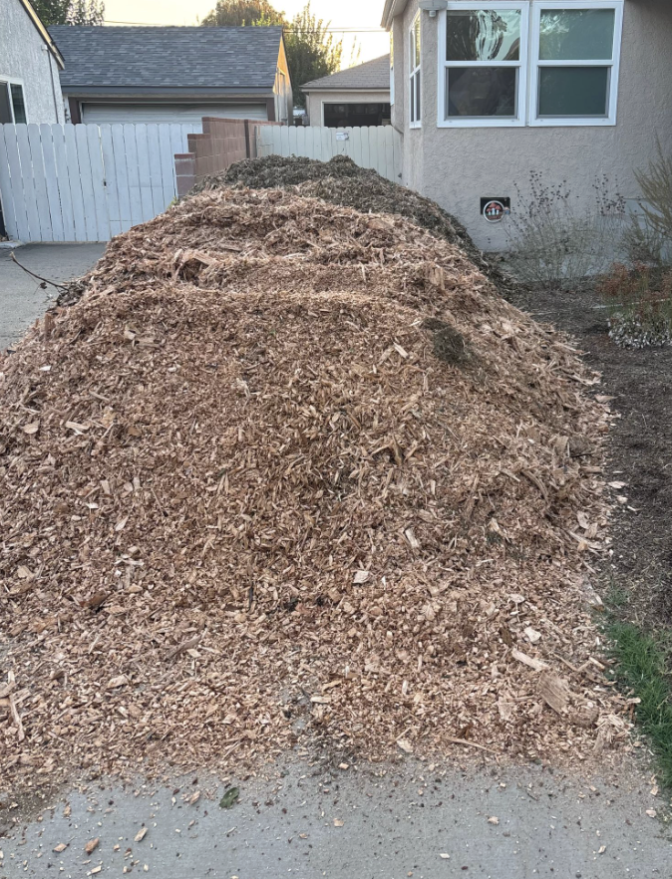 A huge pile of brown mulch covers much of the driveway of a single family home.