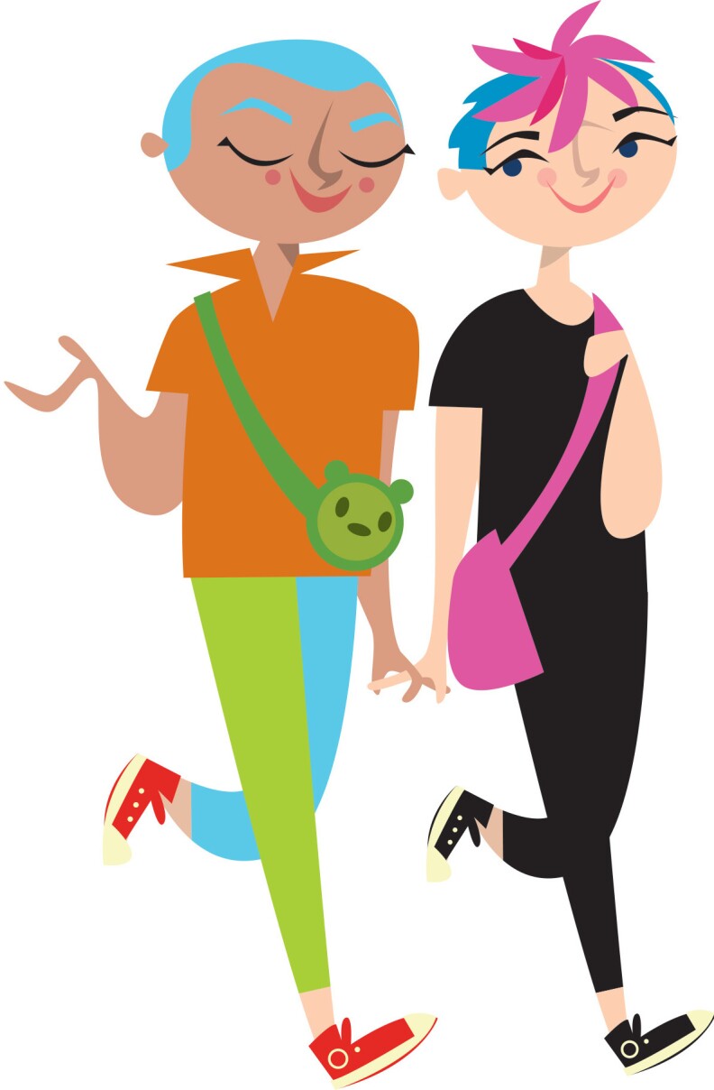 Two illustrated people with colorful hair walk and talk