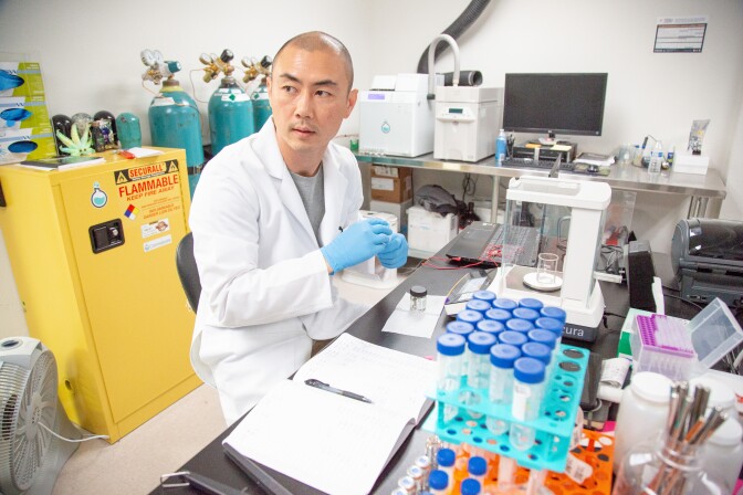 Laboratory Technicians Micheal Lee works to test marijuana samples in different forms in the Cannalysis Laboratory in Santa Ana, California, June 20, 2018. Starting July 1, all marijuana sold in California needs to be tested in a licensed lab.