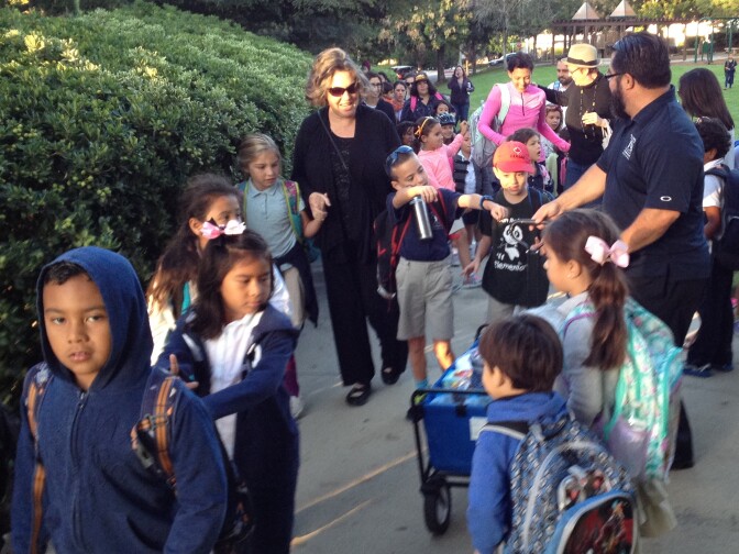 Students walk to San Rafael Elementary in Pasadena on international Walk to School Day.