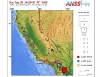 A screenshot of earthquake occurrences in the California Nevada region via the U.S. Geological Survey website. The red boxes indicate quakes that have rattled Brawley Sunday.