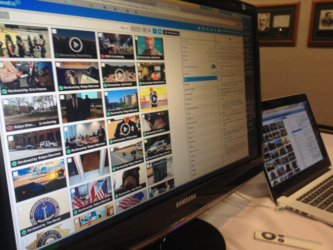 This computer screen shows several videos and photos uploaded to LEEDIR (Large Emergency Event Digital Information Repository) on April 10, 2014. It is a program that allows the public to upload content to law enforcement after a major disaster or emergency.