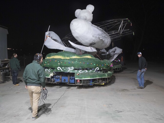 18Rose float move2-The Cal Poly Universities Rose Float, Dreams Take Flight, begins its journey to Pasadena from the Rose Float lab December 18, 2017