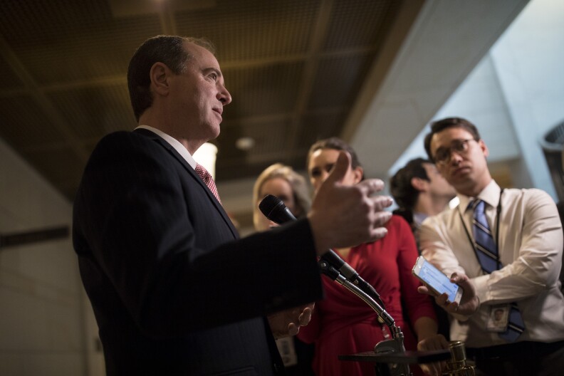 Rep. Adam Schiff (D-CA), Ranking Member on the House Intelligence Committee, speaks with reporters on Capitol Hill on February 15, 2018 in Washington, DC.