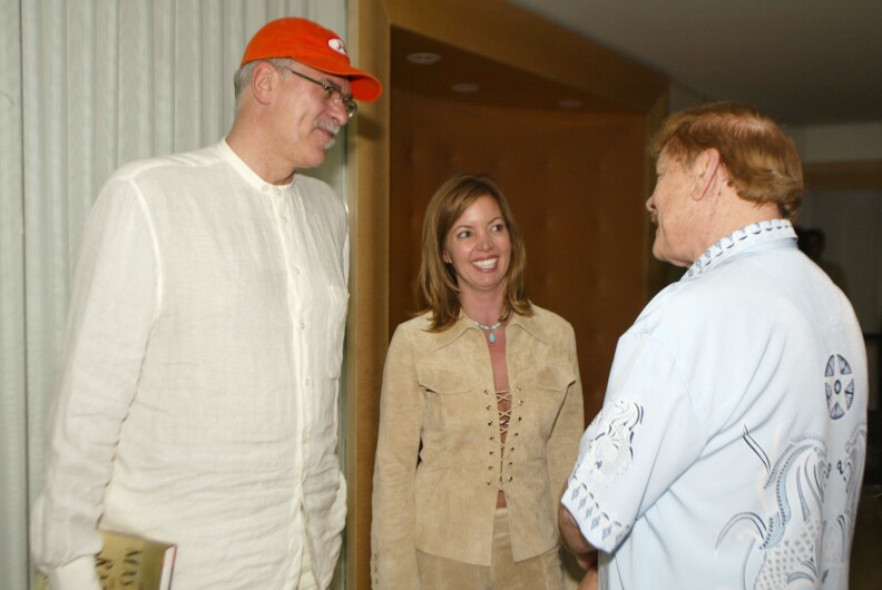 Phil Jackson, Jeanie Buss and Dr. Jerry Buss at a Los Angeles Lakers victory party hosted by owner Dr. Jerry Buss and coach Phil Jackson at the Mondrian Hotel in West Hollywood, Sunday, June 16, 2002.