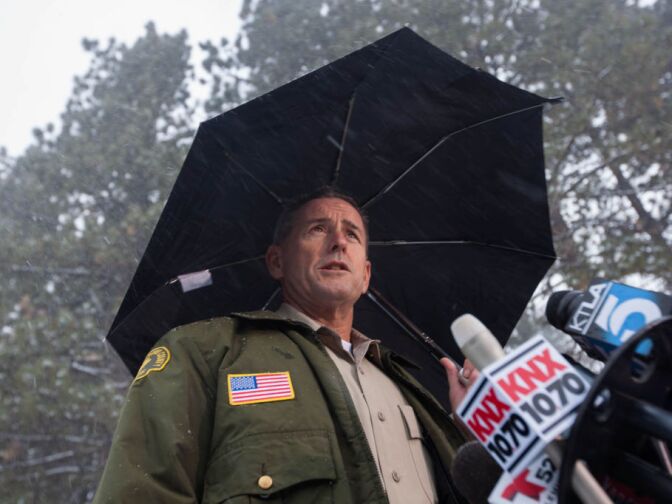 San Bernardino Sheriff John McMahon speaks at a press conference about the continuing search for Christopher Dorner throughout the mountain forest areas.
