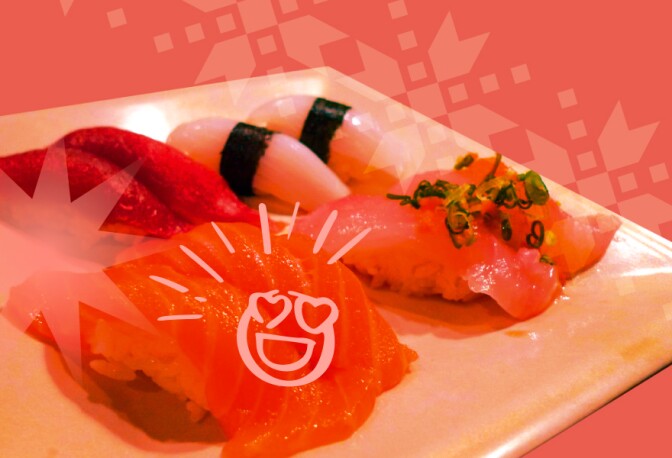 A plate of sushi sits with an image of heart eye emoji imposed on to with a holiday red background