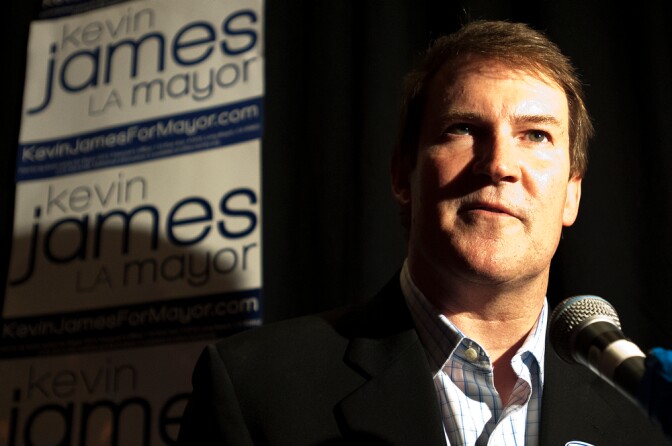 Mayoral candidate Kevin James speaks during an 11:30 p.m. update at a primary election event at Rockwell Table & Stage in Los Feliz on Tuesday night.