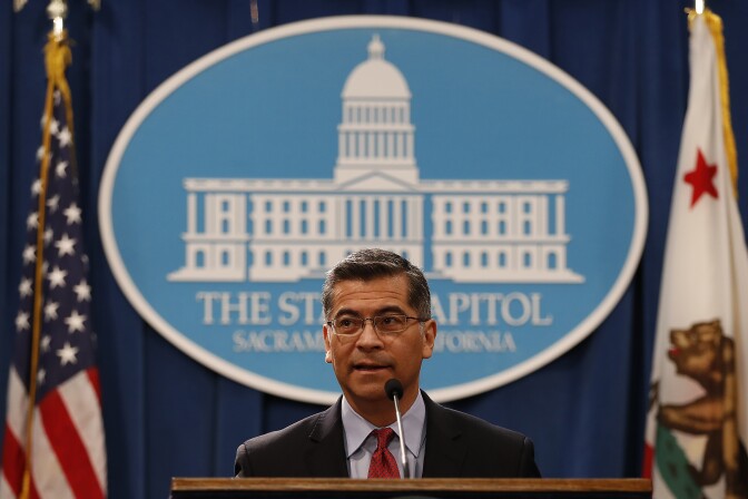 SACRAMENTO, CA - MARCH 07: California Attorney General Xavier Becerra speaks during a press conference at the California State Capitol on March 7, 2018 in Sacramento, California. The press conference came in response to an earlier speech by U.S. Attorney General Jeff Sessions at a nearby hotel and the Justice Department's decision to sue the State of California over its controversial sanctuary policies for undocumented immigrants. (Photo by Stephen Lam/Getty Images)