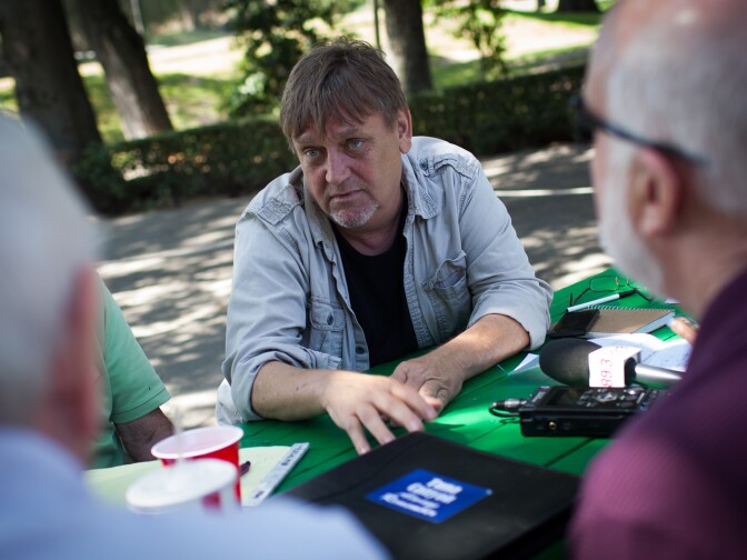 Joe Barrett speaks at a meeting where group members strategize on how to achieve historical landmark designation at the former Tuna Camp site. 