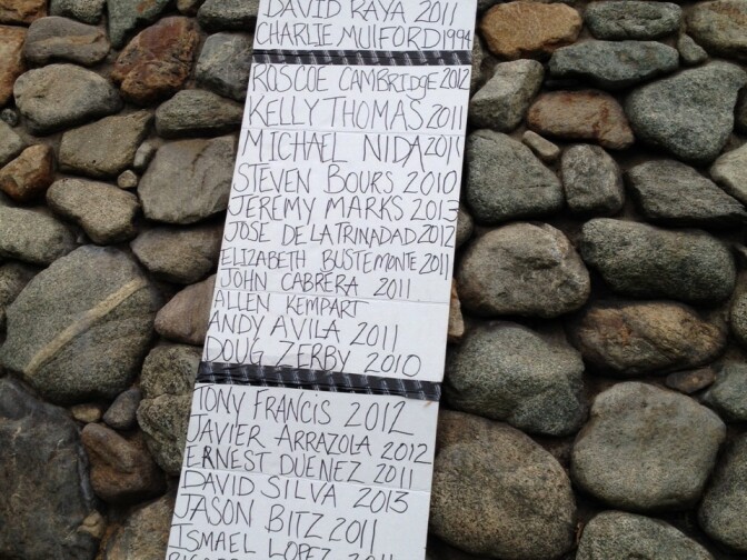 A list of names of those who activists say were victims of police brutality hangs from a wall near Anaheim's City Hall.