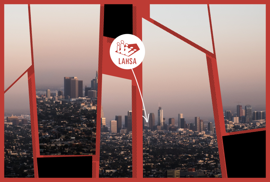 The Los Angeles skyline is stylistically broken up into pieces. There is a "LAHSA" logo superimposed over the image.