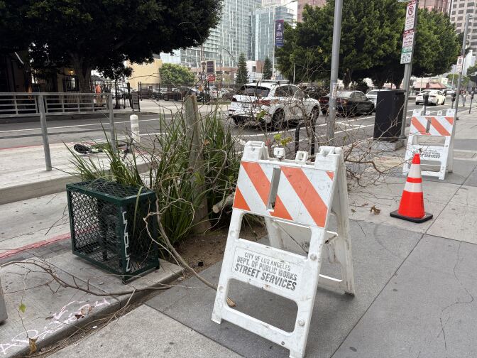 A street with two white and orange sign that says "CITY OF LOS ANGELES DEPT. OF PUBLIC WORKS STREET SERVICES." In between the signs is a an orange cone with two white stripes. The signs and cones are next to a tree stump surrounded by leaves.