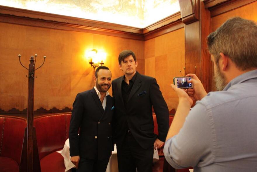John Rabe with Designer Nick Verreos, red carpet commentator with the Fashion Institute of Design & Merchandising.