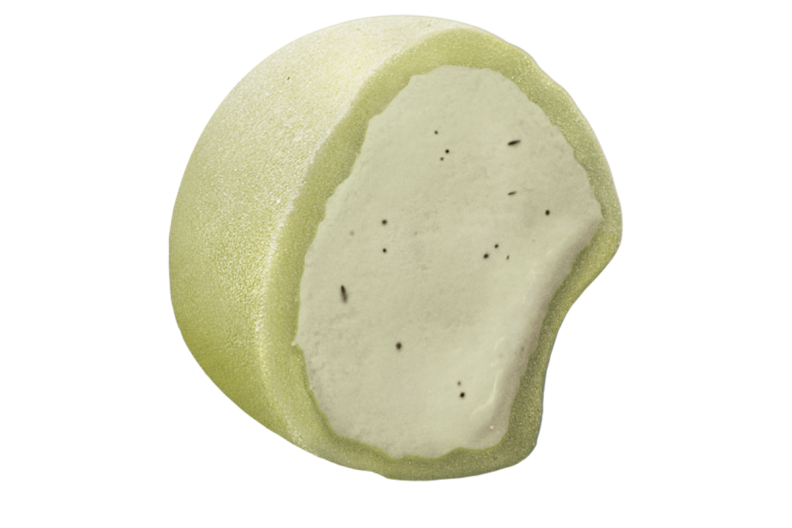 A greenish pickle-flavor mochi ball.