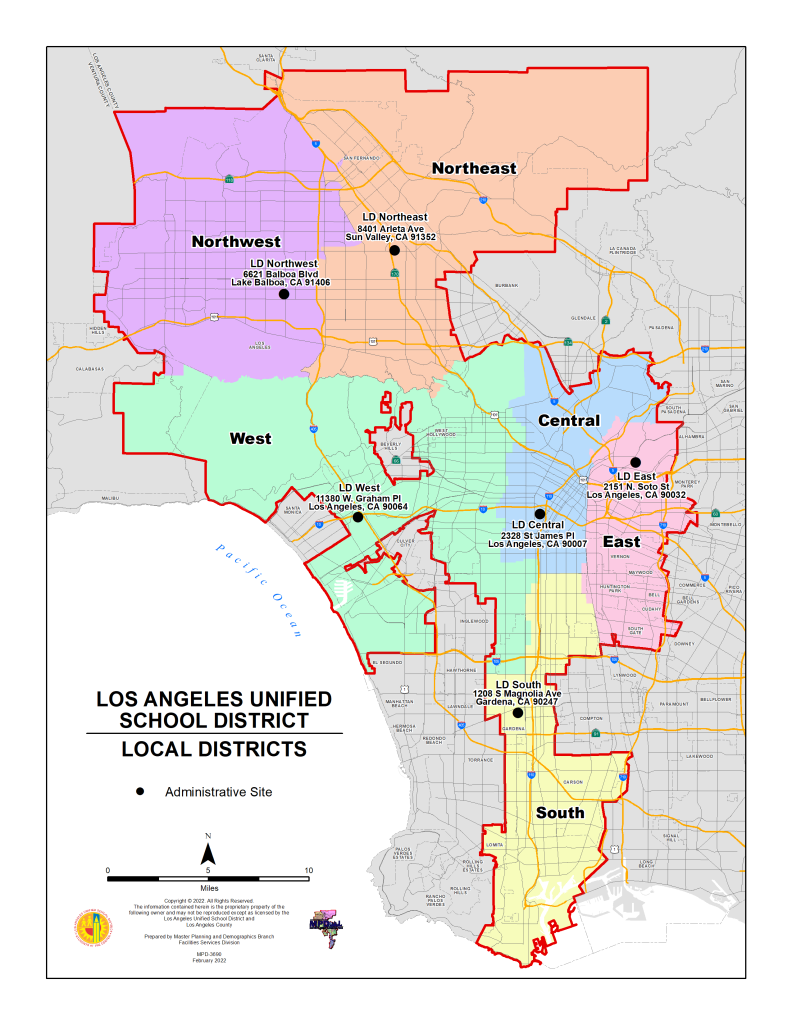 A color coded map delineates the geographic local districts of LAUSD