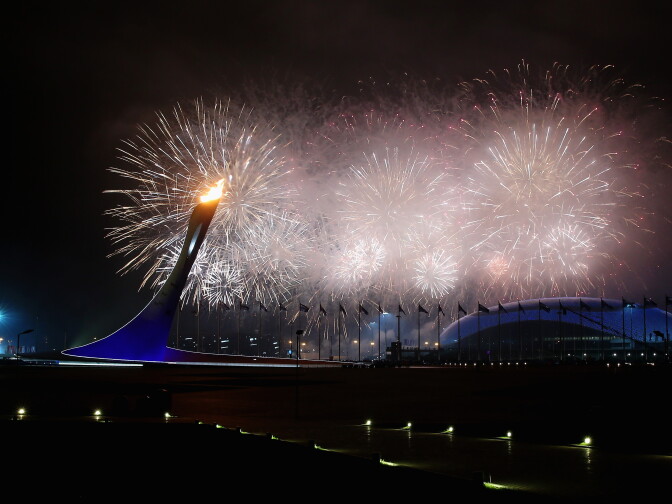 SOCHI, RUSSIA - MARCH 07:  A general view is seen of fireworks over Fisht Olympic Stadium during the Opening Ceremony of the Sochi 2014 Paralympic Winter Games at Fisht Olympic Stadium on March 7, 2014 in Sochi, Russia.  (Photo by Mark Kolbe/Getty Images)