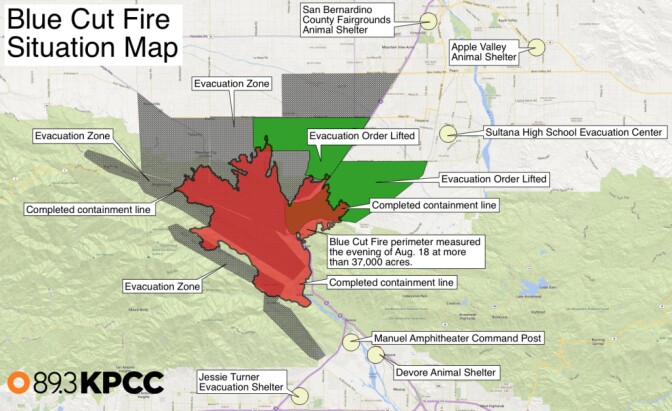 An approximate map of known evacuation zones due to the Blue Cut Fire, and areas where evacuations orders have been lifted as of Friday afternoon.