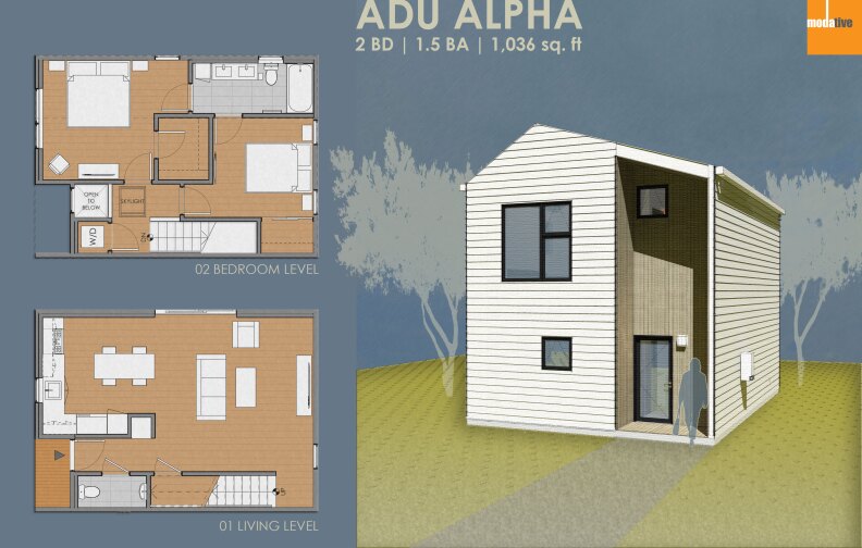 A rendering of an accessory dwelling unit designed by L.A.-based design firm Modative.