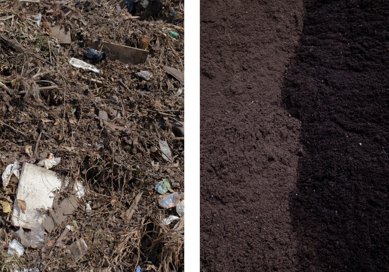 A diptych of unsorted green waste on the left. There trash amid twigs and plants. On the right, deep brown compost.