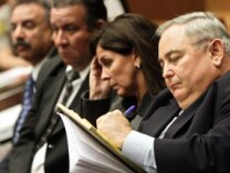 From left Bell Mayor Oscar Hernandez, former council members Luis Artiga, former Assistant City Administrator Angela Spaccia and former Bell City Administrator Robert Rizzo appear during a preliminary hearing at Los Angeles Superior Court February 22, 2011 in Los Angeles, California.