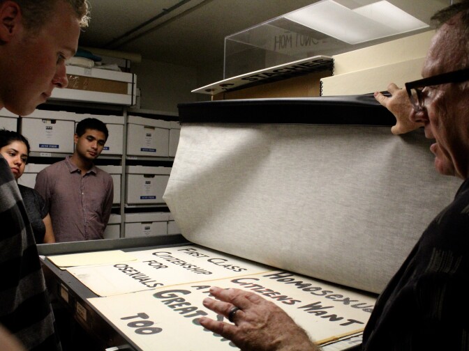 Professor Joseph Hawkins on a tour of the ONE National Gay & Lesbian Archives with his gender studies class.