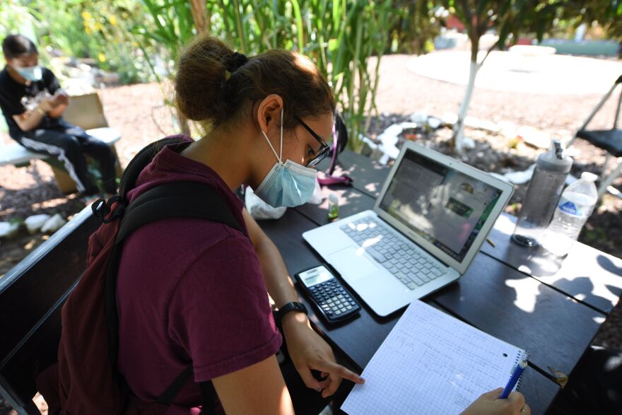East College Prep High School senior Jocelyn Hernandez follows a remote Advanced Placement (AP) Calculus class while sitting in a community garden near her home, August 14, 2020 in the Boyle Heights neighborhood of Los Angeles, California. - Due to the continuing coronavirus pandemic all Los Angeles Unified School District (LAUSD) schools will be closed and students will return to class via remote learning when the 2020-21 school year starts on August 18, 2020. (Photo by Robyn Beck / AFP) (Photo by ROBYN BECK/AFP via Getty Images)