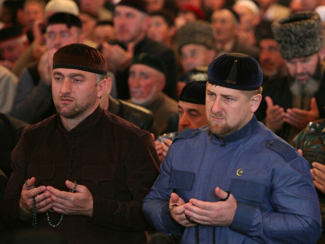 Chechen leader Ramzan Kadyrov (right) and Russian parliament deputy Adam Delimkhanov pray at a mosque in Chechnya's capital, Grozny.
