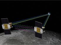 Artist concept of GRAIL mission. GRAIL will fly twin spacecraft around the moon to measure its gravity field.