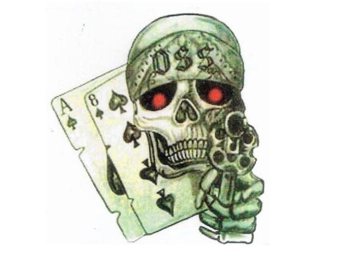 The group is allegedly called the “Jump Out Boys” and its members are suspected of identifying themselves with a set of matching tattoos that depict a skull, a pair of playing cards and a pistol – the latter of which included a smoking barrel after the officer is involved in a shooting.