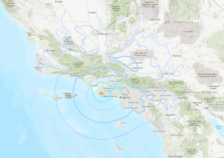 A map of Southern California shows the epiccenter of a quake west of Malibu