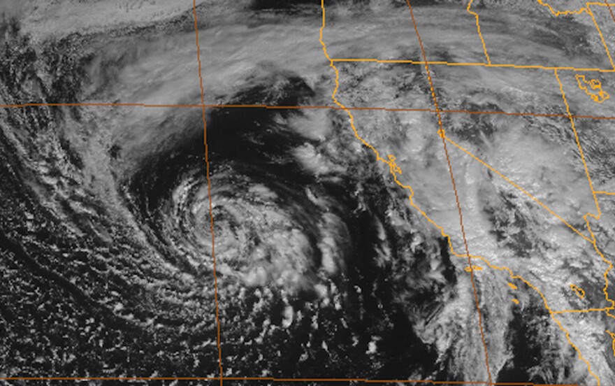 A satellite image of the storm that is responsible for several inches of rain over Southern California on Friday, February 28, 2014.