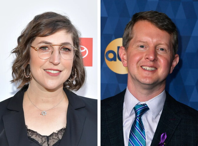Side by side headshots of actress Mayim Bialik, a white woman with short brown hair wearing glasses, a black suit and a star of David necklace, and Jeopardy! winner Ken Jennings, a white man wearing a suit and tie. 