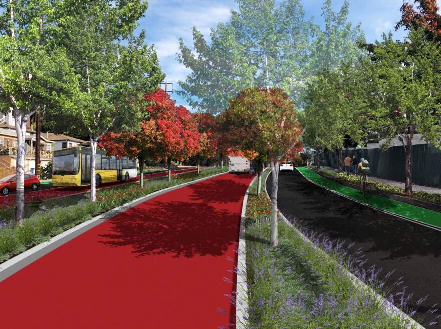A digital rendering shows red paint marking bus-only lanes split by tree-filled medians and a green bike lane on Colorado Boulevard in Eagle Rock.