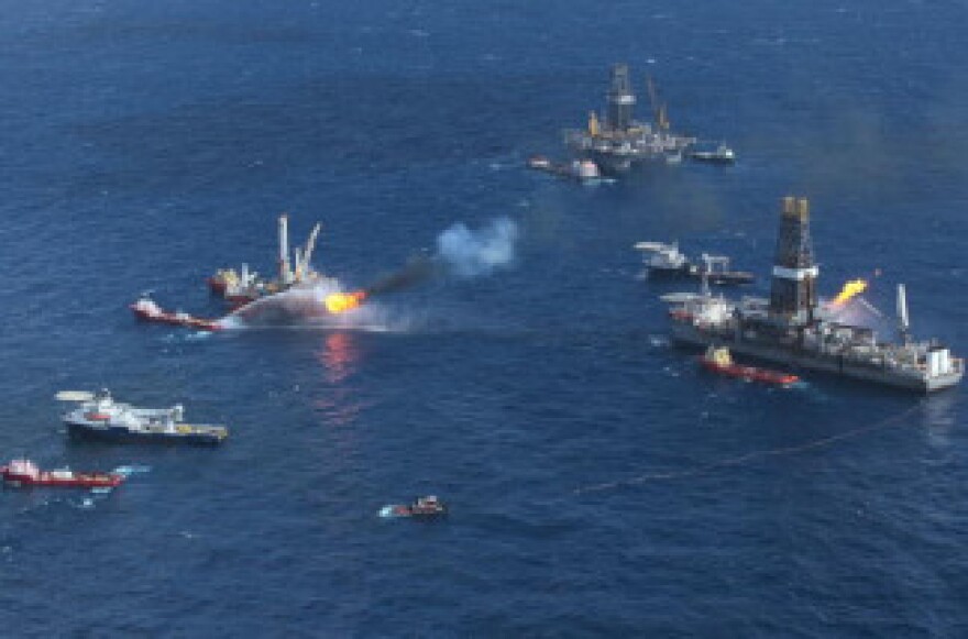 Support ships are seen near the Discoverer Enterprise drilling rig (R) as they continue the effort to recover oil from the Deepwater Horizon spill site