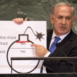 Benjamin Netanyahu, Prime Minister of Israel, uses a diagram of a bomb to describe Iran's nuclear program while delivering his address to the 67th United Nations General Assembly meeting September 27, 2012 at the United Nations in New York.