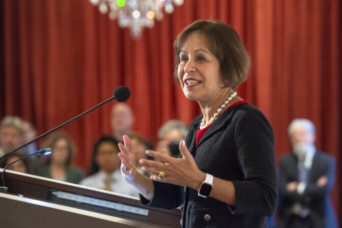 Carol L. Folt addresses the USC community and the media after her appointment as the university's 12th President was announced, March 20, 2019. (Photo/Gus Ruelas)