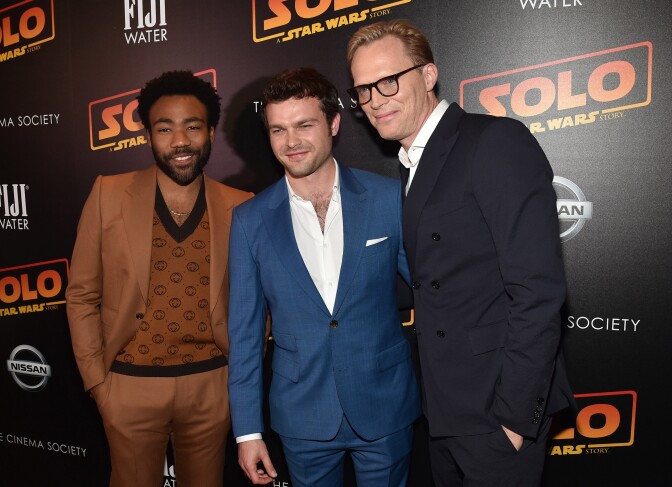 NEW YORK, NY - MAY 21:  Actors Donald Glover, Alden Ehrenreich and Paul Bettany attends FIJI Water with the Cinema Society host a screening of "Solo: A Star Wars Story" at SVA Theater on May 21, 2018 in New York City.  (Photo by Bryan Bedder/Getty Images for FIJI Water)