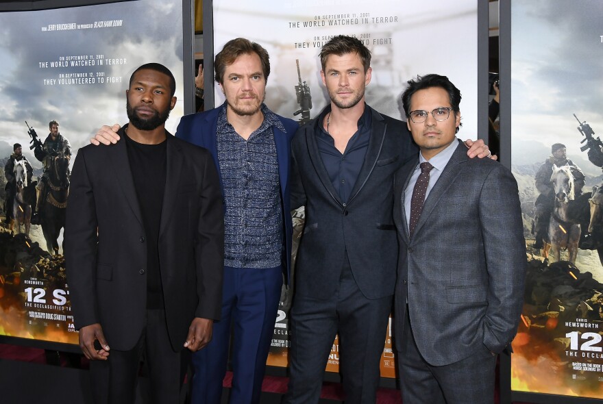 (L-R) Trevante Rhodes, Michael Shannon, Chris Hemsworth, and Michael Pena attend the world premiere of "12 Strong" at Jazz at Lincoln Center on January 16, 2018, in New York City. / AFP PHOTO / ANGELA WEISS        (Photo credit should read ANGELA WEISS/AFP/Getty Images)