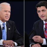 A combination picture of the vice presidential debate between US Vice President Joe Biden (L) and Republican vice presidential candidate Paul Ryan at the Norton Center at Centre College in Danville, Kentucky, October 11, 2012, moderated by Martha Raddatz of ABC News.