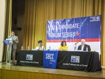 Los Angeles Unified school board candidates in District 7 discuss their views at a United Way candidate forum on Feb. 6, 2015 at the Granada Theater in Wilmington. Loyola Marymont University political science professor Fernando Guerra moderated.