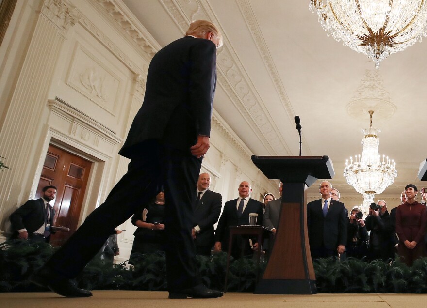 WASHINGTON, DC - JANUARY 10:  U.S. President Donald Trump walks up to speak to the media with Prime Minister Erna Solberg of Norway in the East Room at the White House, on January 10, 2018 in Washington, DC. The two leaders participated in a meeting before taking questions from the media.  (Photo by Mark Wilson/Getty Images)