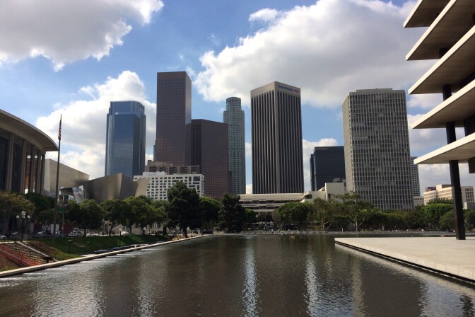 The Reflecting Pool surrounds Los Angeles Department of Water and Power's headquarters in Downtown Los Angeles